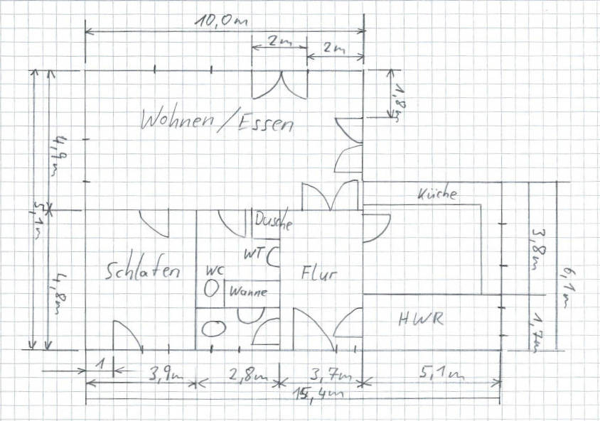 Grundriss Handskizze zur Veranschaulichung, welche Informationen für die Erstellung eines Angebotes für eine Sockelheizleiste der SHL-Wärmetechnik benötigt werden. Diese Heizleisten werden auch Sockelleistenheizung, Sockelleistenheizkörper, Fussleistenheizung oder Leistenheizung genannt. Sie können zum Energiesparen beitragen und helfen gegen Schimmel.